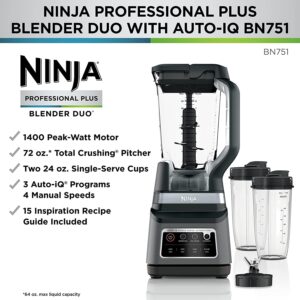 Ninja Professional Plus Blender Duo BN751 with Auto-iQ, featuring a 1400-watt motor, 72 oz. Total Crushing pitcher, two 24 oz. single-serve cups, and 3 Auto-iQ programs. Includes a 15-recipe inspiration guide.