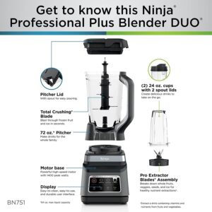 Ninja Professional Plus Blender DUO BN751 labeled diagram showcasing key features, including a 72 oz. pitcher, Total Crushing Blade, 1400-watt motor base, Pro Extractor Blades for nutrient extraction, two 24 oz. cups with spout lids, and an easy-to-use display.